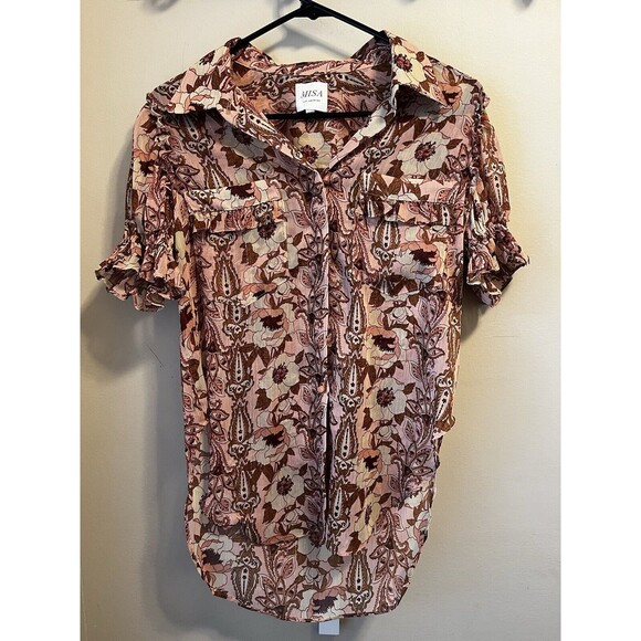 Misa Los Angeles Tops - MISA Los Angeles Lara Brown Beige FloralShort Sleeve Collared Blouse Size XS